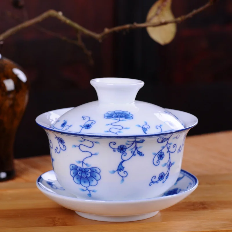 Matcha Bowl Chawan - สีขาวสีฟ้าและสีขาวเซรามิค Gaiwan ชุดชา Jingdezhen Gaiwan Jingde