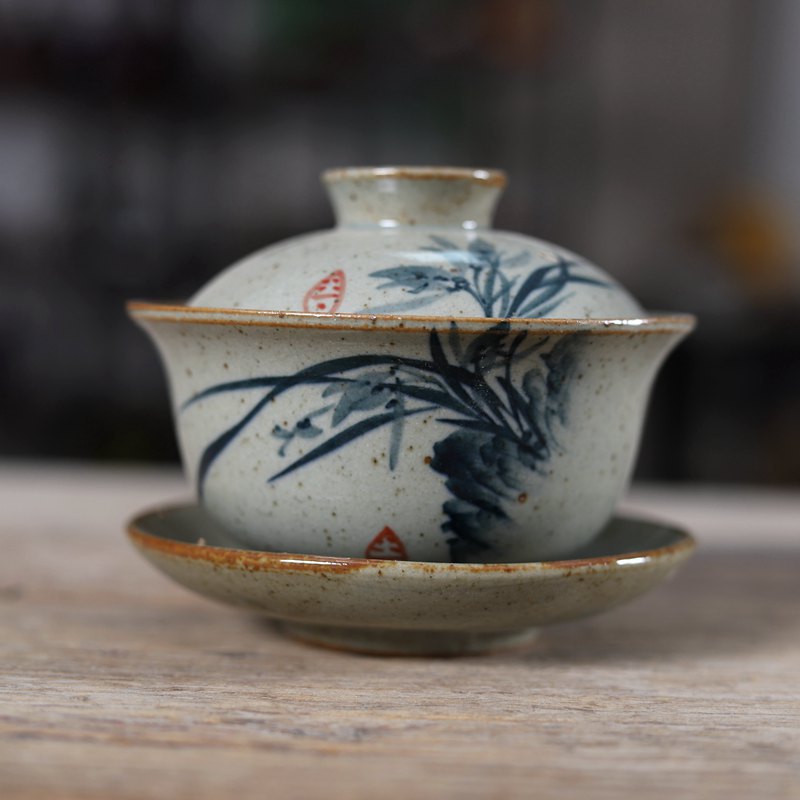 Matcha Bowl Chawan - Handpainted จีน Sancai Gaiwan เครื่องปั้นดินเผาชาถ้วยชาม Kung